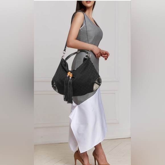 🔥SOLD🔥GUCCI Black GG Fabric Medium Babouska Indy Top Handle Bag - Picture 4 of 17